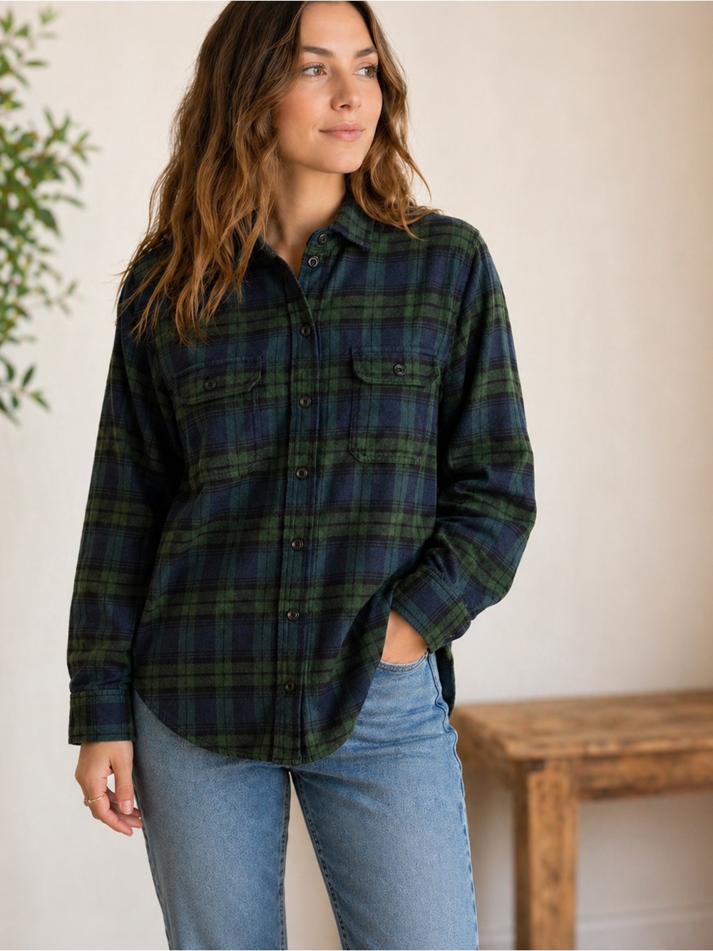 Woolrich Plaid Flannel Shirt | Green Blue Tartan | Button Front | Medium
